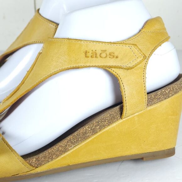 Taos Women’s Sheila EU40 US 9-9,5 Yellow Leather T Strap Open-Toe Wedge Sandal - Picture 12 of 16